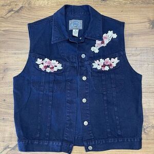 Vtg 90s PS Gitano Jean Vest Womens Medium Dark Blue Pockets Buttons Lace Flowers